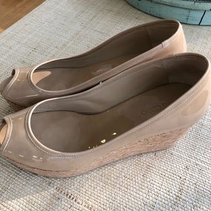 Jimmy Choo nude patent leather wedges